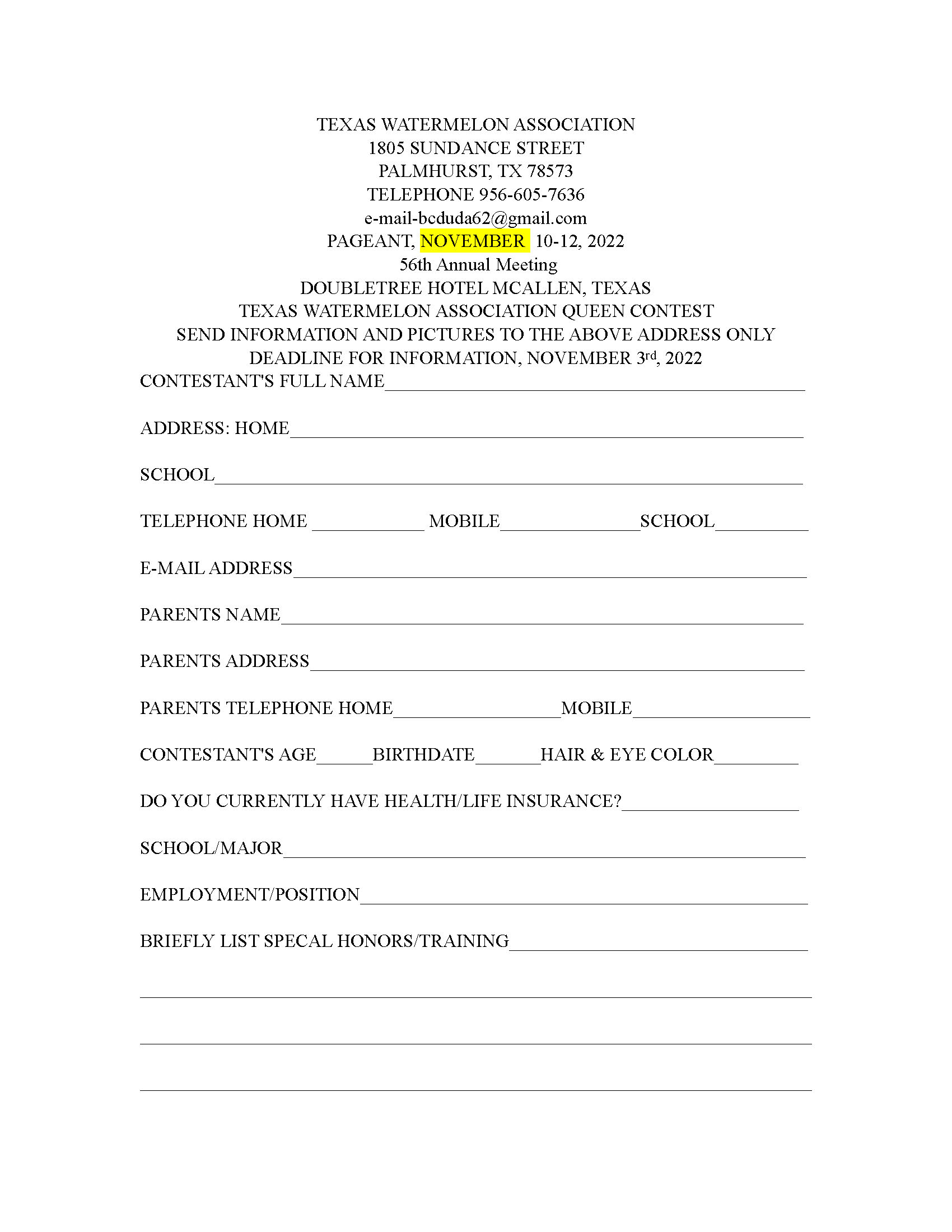 Queen Pageant Form PDF 2022 Fillable Page 1